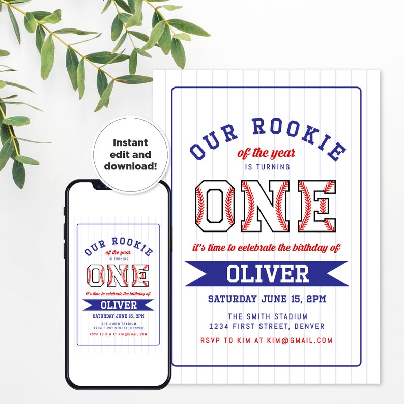 Rookie of the Year Baseball Theme Birthday Party Invitation Template Any Age