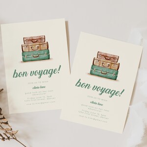 May include: Two invitation cards with a watercolor illustration of stacked vintage suitcases. The text on the cards reads "bon voyage!" and includes details for a going away party for Olivia Lane.