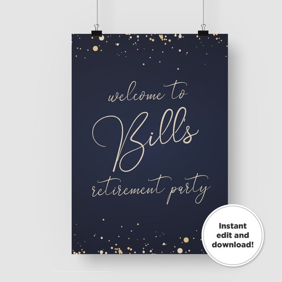 Blue and Gold Glitter Retirement Party Poster Template - Etsy