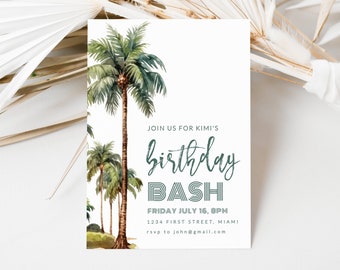 Beach Ocean Theme Birthday Party Invitation Template for - Palm Trees - Edit and Download