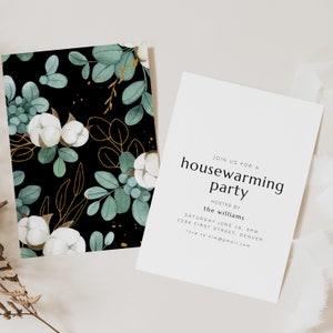 May include: A white card with black text announcing a housewarming party hosted by the Williams. The party is on Saturday, June 15th at 5 PM at 1234 First Street in Denver. RSVP to kim@gmail.com. The card is on a white surface with a floral pattern in the background.