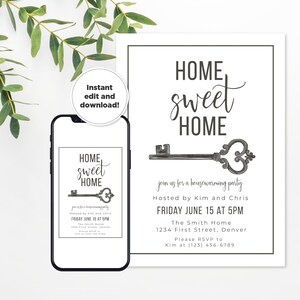 May include: A black and white printable housewarming party invitation with a stylized illustration of a silver key. The text reads "Home Sweet Home" and includes the date and time of the party, the address, and the host's name and phone number.