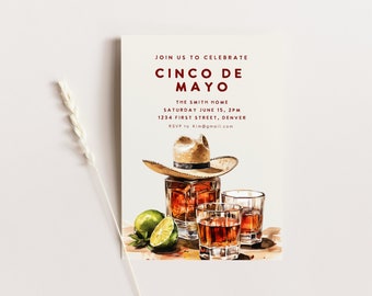 Watercolor Cinco De Mayo Invitation: Drinks & Cowboy Hat (Instant Download)