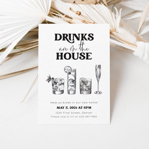 Drankjes zijn van het huis - sjabloon housewarmingsuitnodiging met handgetekende omtrek moderne cocktails - direct bewerken en downloaden