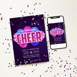 Cheerleader-Party Einladung - Cheerleader-Party-Thema Einladungsvorlage zur Geburtstagsfeier - Pom Poms - Jedes Alter - Sofort bearbeiten und herunterladen