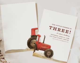 Our Little Farmer Red Tractor Birthday Party Invitation Template - Instant Edit and Download