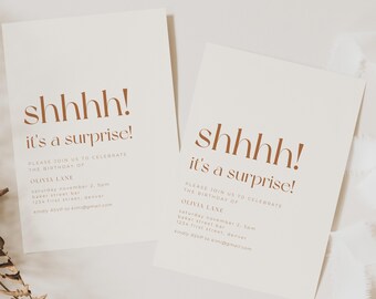 Shhhh! It's a Surprise! Simple Modern Surprise Party Invitation Template - Instant Edit and Download