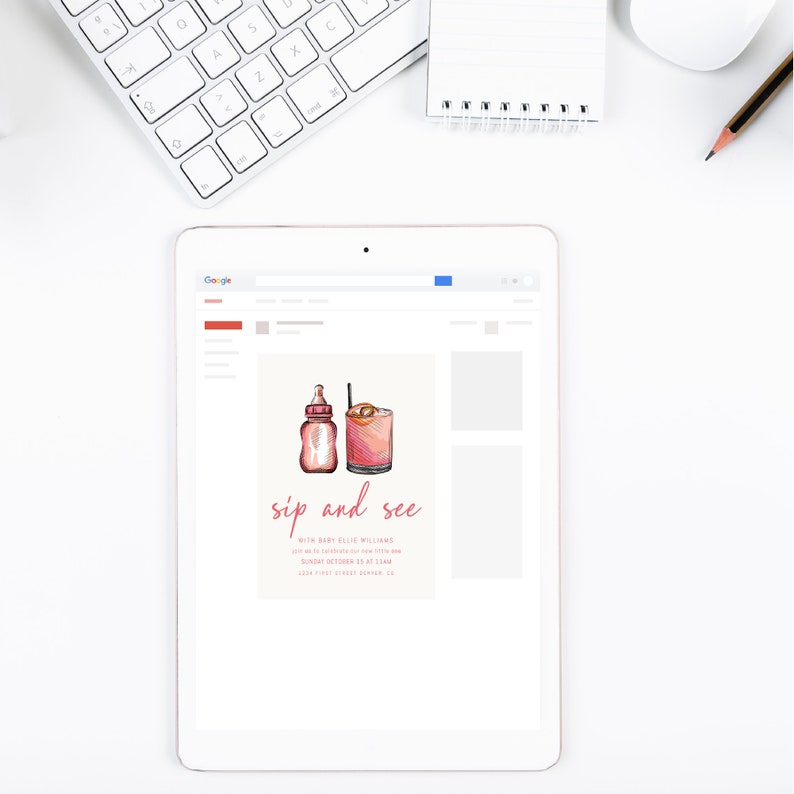 K&ouml;nnte beinhalten: Eine digitale Einladung in rosa und wei&szlig;. Die Einladung zeigt eine handgezeichnete Illustration einer Babyflasche und eines Cocktailglases. Der Text "sip and see" ist in rosa kursiver Schrift geschrieben. Die Einladung ist f&uuml;r eine Babyparty f&uuml;r Ellie Williams am Sonntag, den 15. Oktober um 13:00 Uhr. Die Adresse lautet 1234 First Street, Denver, CO.