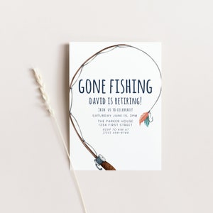 Fishing Theme Retirement Party Invitation Template with Fishing Pole - Print or text/email - Instant Edit and Download