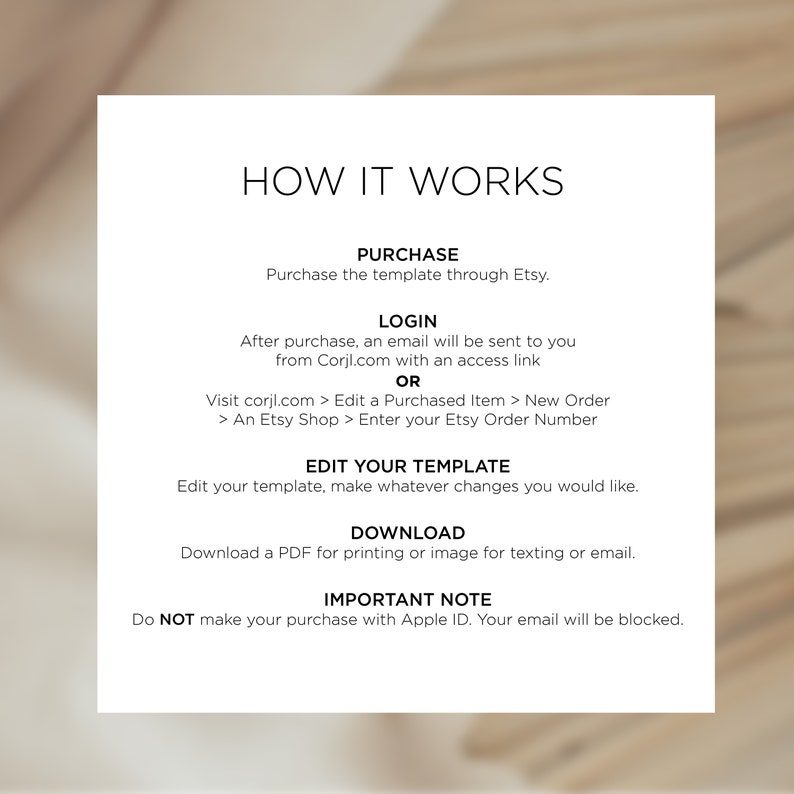 Pu&ograve; includere: Un grafico rettangolare bianco con il testo "HOW IT WORKS" in alto. Il testo descrive i passaggi per acquistare, accedere, modificare e scaricare un modello da Etsy. Include anche una nota importante sugli acquisti con Apple ID.