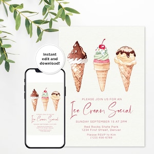 Ice Cream Social Community Party/Birthday Party Invitation Template - Ice Cream Cones - Edit directly in browser