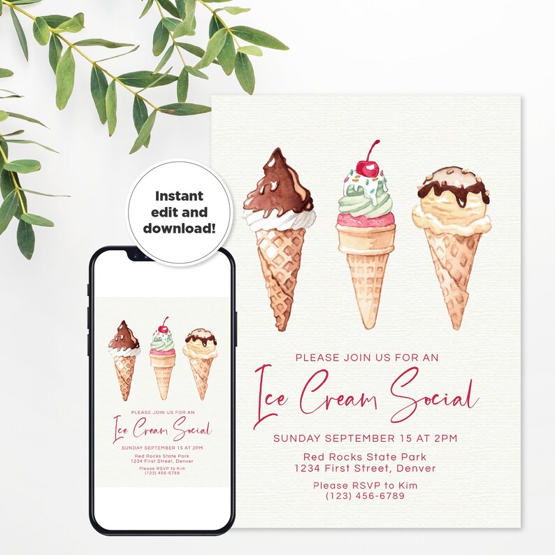 Ice Cream Social Community PartyBirthday Party Invitation Template Ice Cream Cones Edit directly in browser