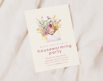 May include: A housewarming party invitation with a watercolor illustration of a bouquet of flowers in an envelope. The invitation text reads: "Please join us for a housewarming party hosted by the smiths. Saturday June 15, 11am 1234 First Street, Denver rsvp to kim@gmail.com"