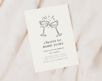 May include: A black and white illustration of two champagne glasses clinking together with a burst of stars above them. The text "cheers to many years" is below the glasses. The text "Join us to celebrate the smiths. Saturday June 15, 5pm 1234 First Street, Denver. Please RSVP to kim@gmail.com" is below the illustration.
