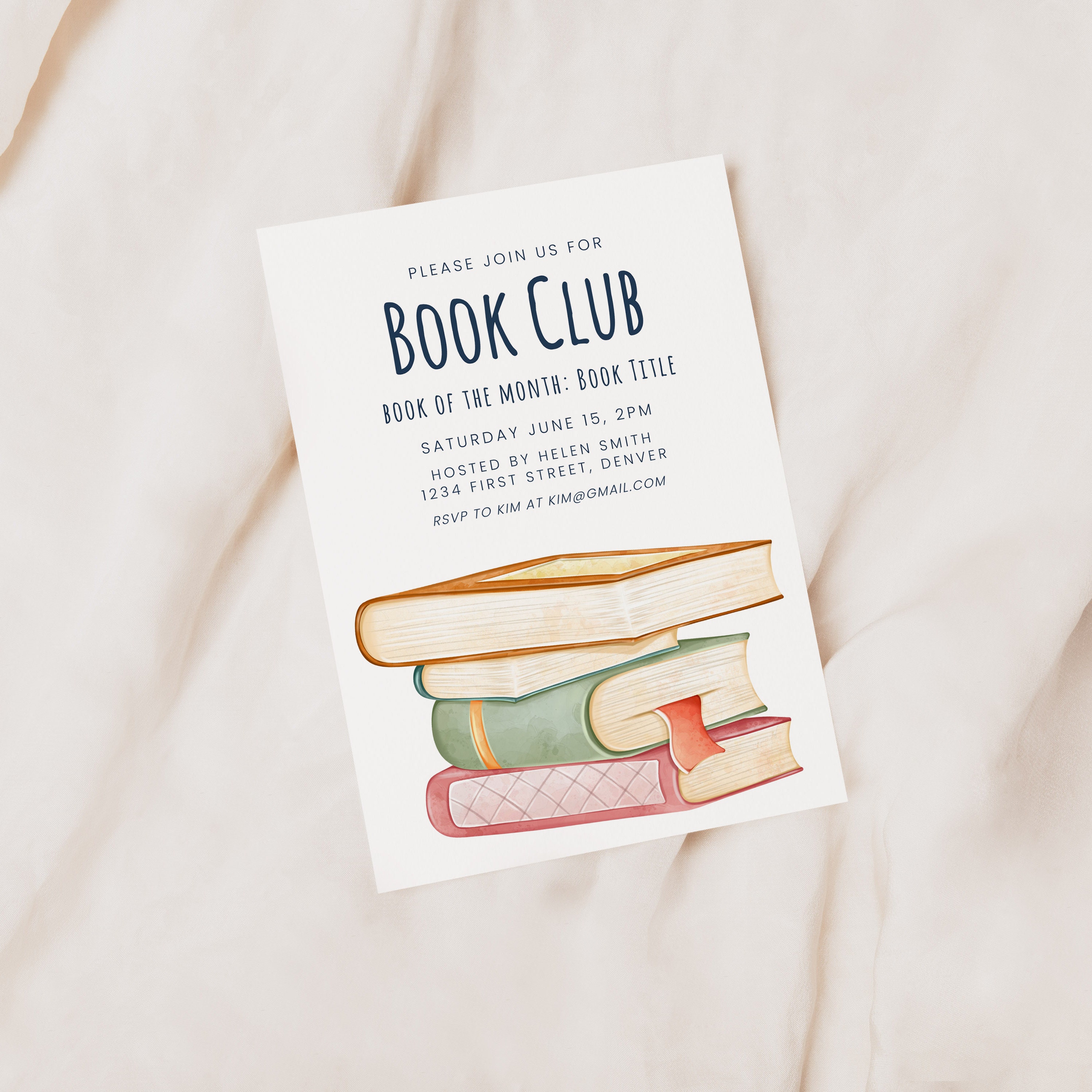 Book Club Invitation Template: Stack of Books, Editable (digital ...