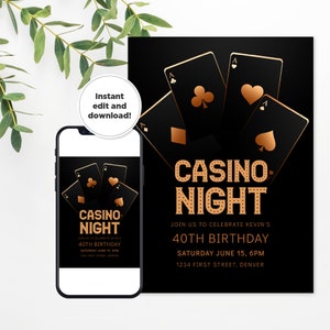 Plantilla de invitación para fiesta de casino o fiesta nocturna con baraja de cartas: fiesta de cumpleaños o inauguración de la casa