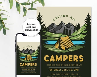 Calling All Campers - Camping Theme Birthday Party Invitation Template - Any Age