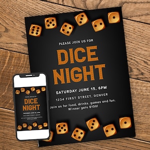 Spieleabend/Kartenabend/Würfelabend Einladung Vorlage Gold Würfel-Set - Geburtstag/Einweihungsparty - Instant Edit und Download