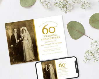 Vintage White and Gold Anniversary Invitation Template (Instant Download)