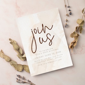 Join Us Party Invitation Template - Beige Watercolor - Instant Edit and Download - Housewarming, Birthday, Anniversary, Retirement