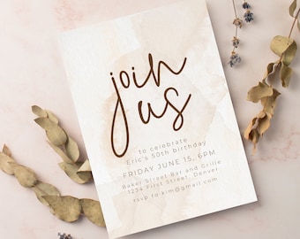 Join Us Party Invitation Template - Beige Watercolor - Instant Edit and Download - Housewarming, Birthday, Anniversary, Retirement