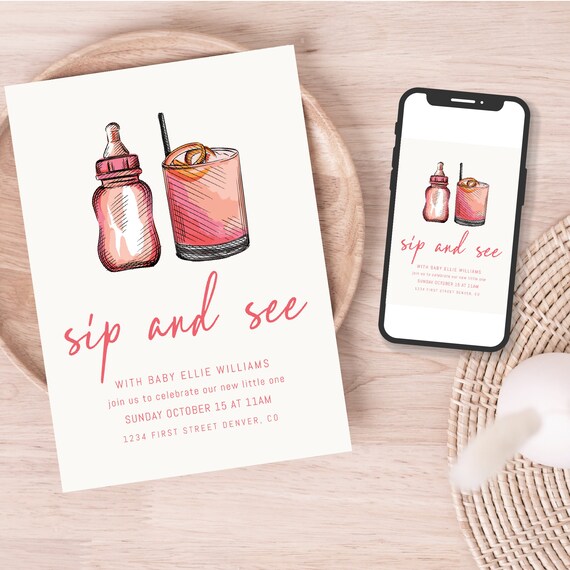 Pink Sip and See Invitation Template (Digital Download)