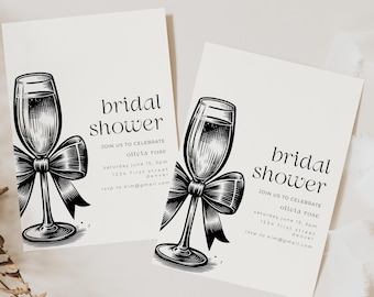 Simple Bridal Shower Invitation Template with Cocktail Glass with Bow - Instant Edit and Download