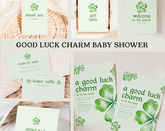 May include: A set of printable signs for a baby shower with a shamrock theme. The signs include "books for baby", "diaper raffle", "corned beef", "gift table", "welcome to the patch", and "a good luck charm is on the way!" The signs feature green shamrocks with watercolor details.