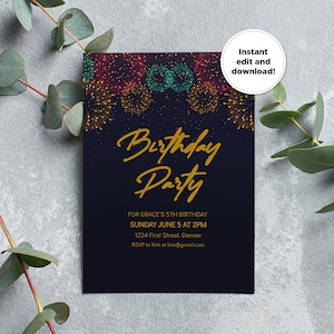 Birthday Party with Firework Editable Birthday Invitation Template - Any Age- Easy to print - Text or Email