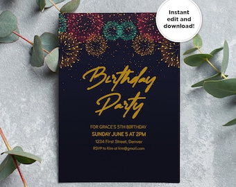 Plantilla de invitación de cumpleaños editable para fiesta de cumpleaños con fuegos artificiales: para cualquier edad, fácil de imprimir, texto o correo electrónico