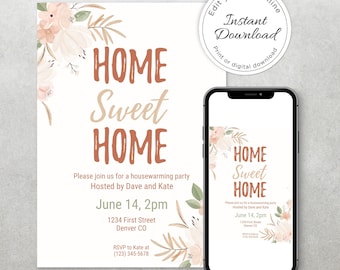 Plantilla digital para invitación de inauguración de casa con un toque floral de hogar dulce hogar