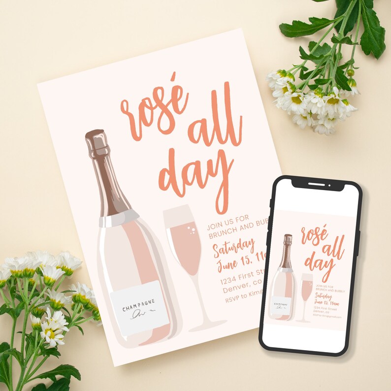 Rosé All Day Brunch Party Invitation Template With Champaign Etsy