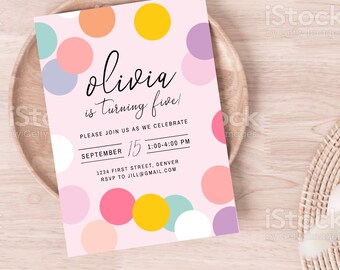 Pink, Purple and Yellow Birthday Party Invitation with Polka Dots -  Any Age - Instant Edit and Download