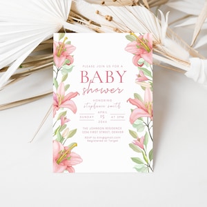 Modern Floral Baby Girl Shower Invitation Template with Pink Lily - Instant Edit and Download