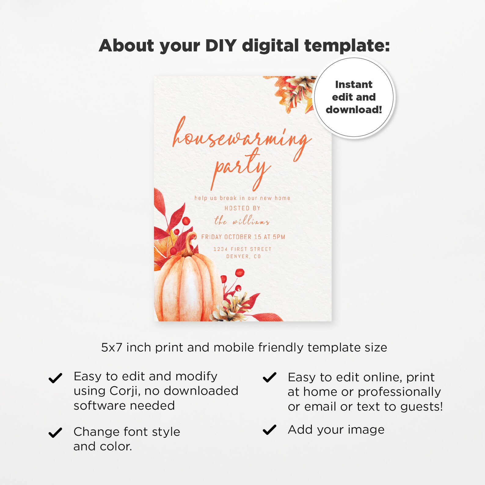 Fall Theme Housewarming Party Invitation Template With Bright Orange ...