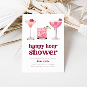 Einfache und moderne Happy Hour Dusche Brautparty Einladungsvorlage mit rosa Getränken - Instant Edit und Download