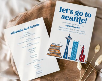 Seattle Bachelorette Party Invitation Template: Red and Blue Skyline (Digital)