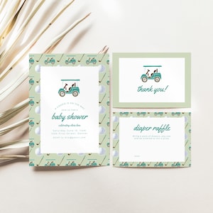 Een caddie is onderweg Golfthema Babyshowerfeestbundel uitnodiging, bedankkaart, advieskaart - direct bewerken en downloaden