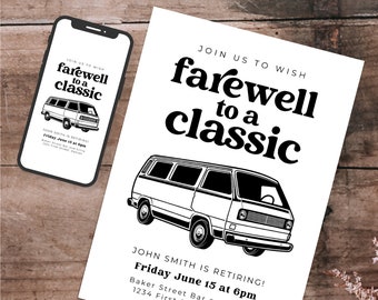 Farewell to a Classic - Retirement Party Invitation with Vintage Classic Bus - Instant Edit and Download
