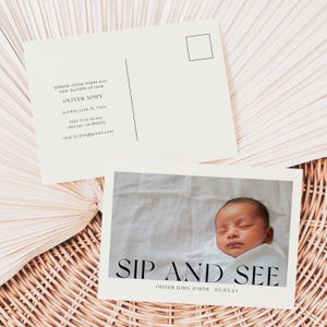 Modern Sip and See Convite para festa de chá de bebê com foto e detalhes da festa - Edição e download instantâneos