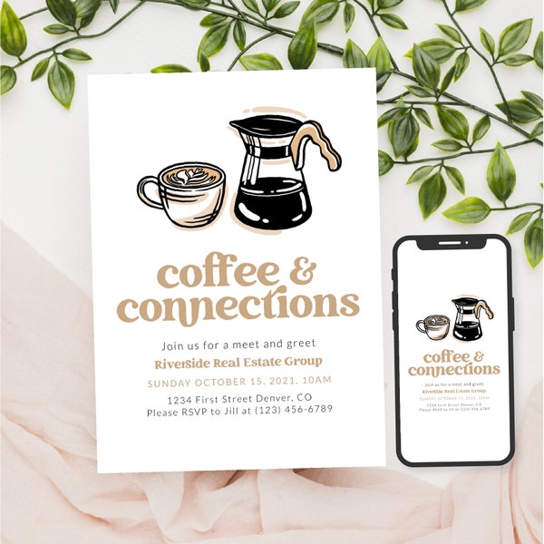 Coffee and Connection Brunch, Meeting, Meet and Green Invitation Template with Coffee Cup and Drip Coffee Kettle - Instant Edit and Download