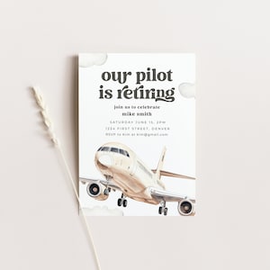 Notre pilote prend sa retraite, modèle d'invitation à une fête de retraite de pilote avec avion - modification et téléchargement immédiats