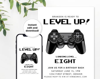 Level Up - Arcade/Gaming Theme Birthday Party Invitation Template with Controller - Loading Age... - Any Age