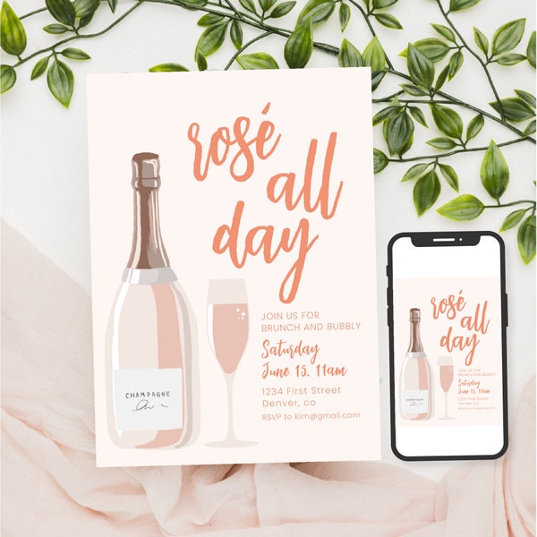 Rosé All Day - Brunch Party Invitation Template with Champaign Bottle and Champaign Glass - Instant Edit and Download