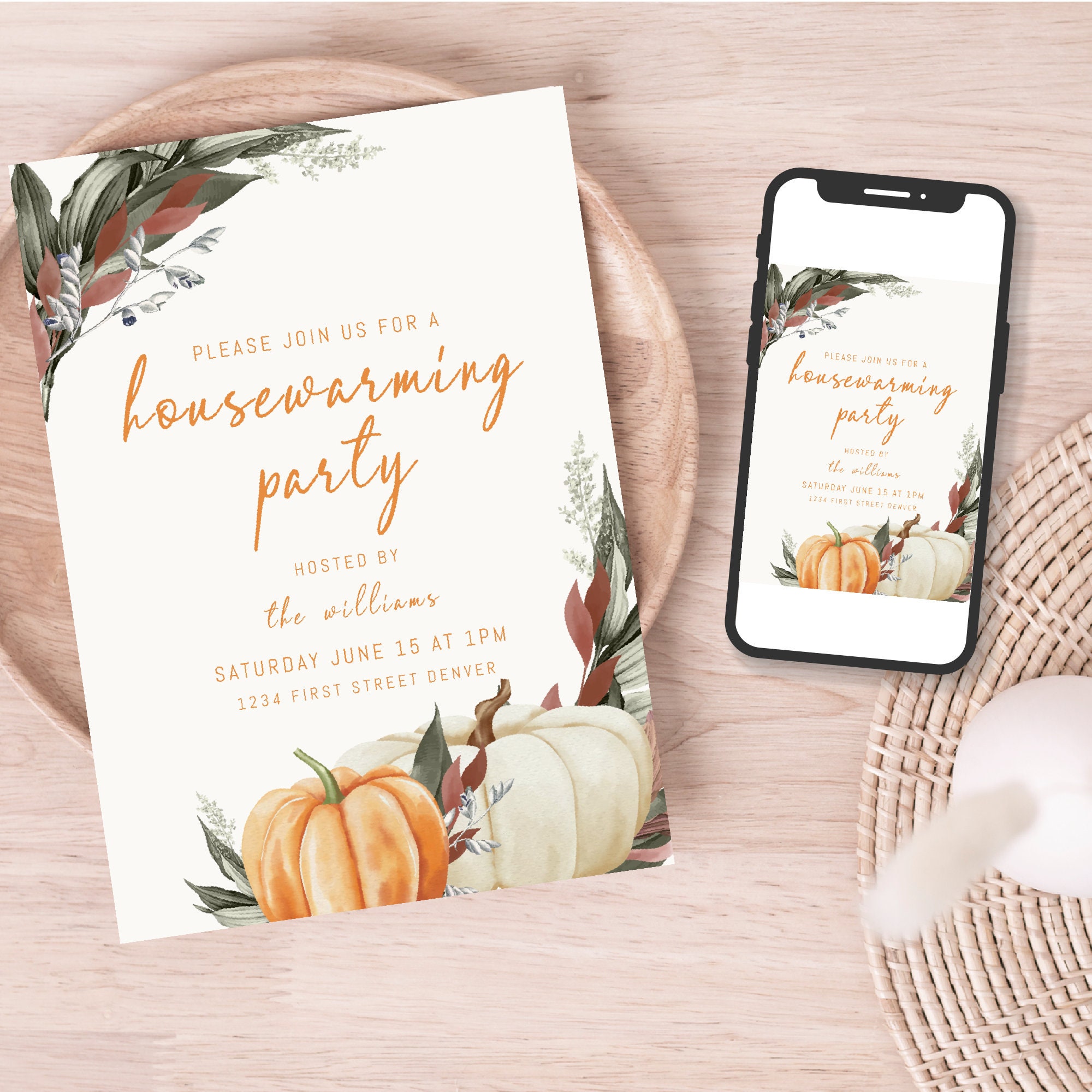 Fall Theme Housewarming Party Invitation Template With Boho White ...