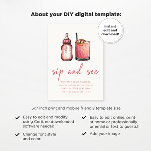 K&ouml;nnte beinhalten: Eine digitale, druckbare Babyparty-Einladung in Rosa und Wei&szlig; mit einer handgezeichneten Illustration einer Babyflasche und einem Cocktailglas. Der Text lautet "Sip and See" mit dem Namen des Babys und den Partydetails. Die Einladung ist 5x7 Zoll gro&szlig; und kann online bearbeitet werden.