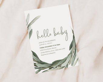 Könnte beinhalten: Eine weiße Babyparty-Einladung mit grünen Aquarellblättern und dem Text "hello baby" in Kursivschrift. Die Einladung enthält das Datum, die Uhrzeit und den Ort der Veranstaltung sowie den Namen der Person, die gefeiert wird, Sammie athe. Sie enthält auch die RSVP-Informationen und die Registrierungsinformationen.