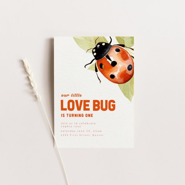 Our Little Love Bug Is One Ladybug Theme Birthday Party Invitation Template with Red Ladybug - Instant Edit and Download