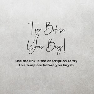 K&ouml;nnte beinhalten: Text&uuml;berlagerung auf grauem Hintergrund mit der Aufschrift "Try Before You Buy!" und "Verwenden Sie den Link in der Beschreibung, um diese Vorlage auszuprobieren, bevor Sie sie kaufen."