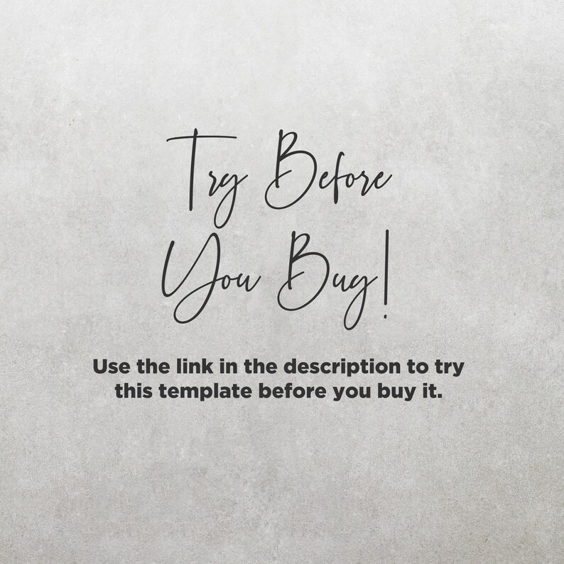 K&ouml;nnte beinhalten: Text&uuml;berlagerung auf grauem Hintergrund mit der Aufschrift "Try Before You Buy!" und "Verwenden Sie den Link in der Beschreibung, um diese Vorlage auszuprobieren, bevor Sie sie kaufen."